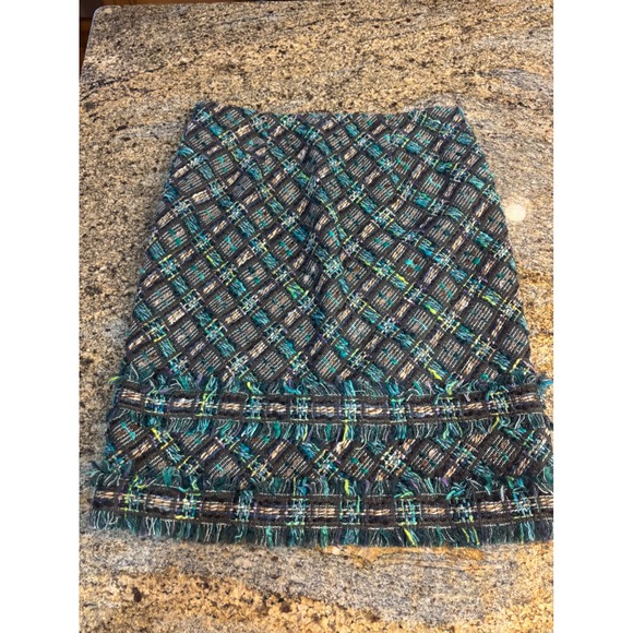 Per Se Blue Tweed Plaid Fringe Accent Skirt Women US 4 UK 6 Wool Silk Blend - Picture 5 of 5